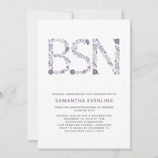 Invitation Célébration du diplôme de BSN, infirmière florale  (Devant)