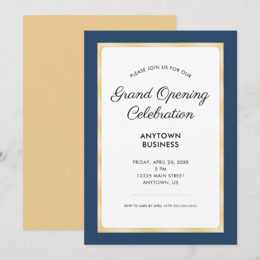 Invitation Célébration du Grand Ouverture | Marine bleu et or (Devant / Derrière)