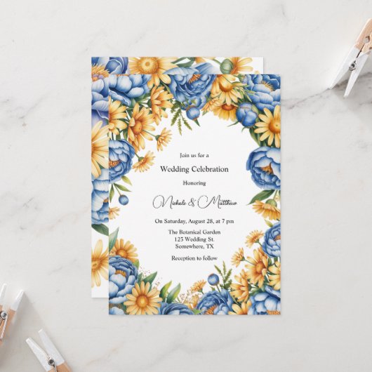 Invitation Célébration du Mariage Blue Peony et Yellow Daisie (Devant/Arrière en situation)
