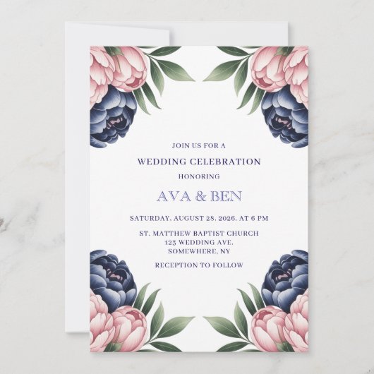 Invitation Célébration du Mariage Blush et Navy Blue Peony (Devant)