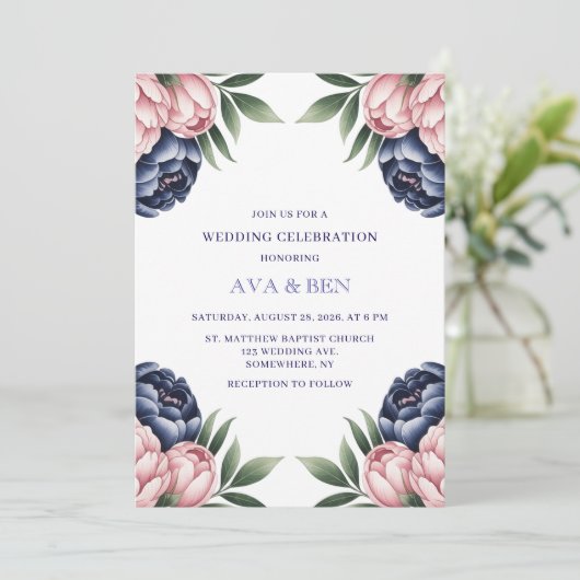 Invitation Célébration du Mariage Blush et Navy Blue Peony (Debout devant)
