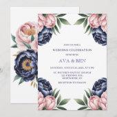 Invitation Célébration du Mariage Blush et Navy Blue Peony (Devant / Derrière)