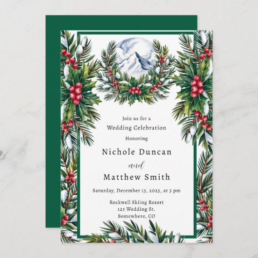 Invitation Célébration du Mariage de la couronne de pin neige (Devant / Derrière)