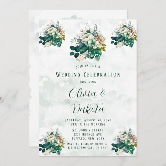 Invitation Célébration du Mariage Emerald Green Cream Florals (Devant / Derrière)