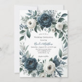 Invitation Célébration du Mariage floral d'ivoire bleu marine (Devant)