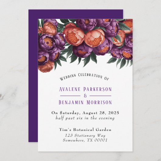 Invitation Célébration du Mariage Plum and Orange Paint Peony (Devant / Derrière)