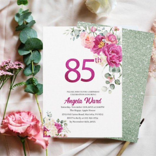 Invitation Célébration élégante d'anniversaire floral glitte