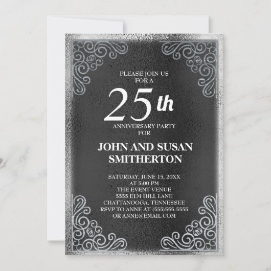 Invitation Célébration élégante de mariage noir et argent 25 (Devant)
