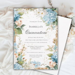 Invitation Célébration élégante de Quinceañera florale bleue