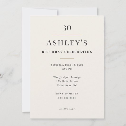 Invitation Célébration élégante et minimaliste d'un 30e anniv (Devant)