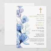 Invitation Célébration Funéraire Chrétienne Fleurie Bleue (Devant / Derrière)