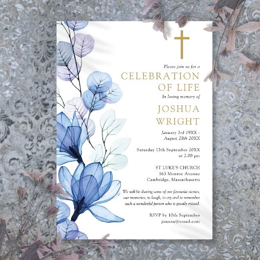Invitation Célébration Funéraire Chrétienne Fleurie Bleue De