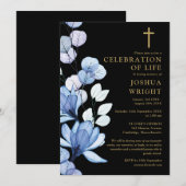 Invitation Célébration funéraire chrétienne florale bleue de (Devant / Derrière)