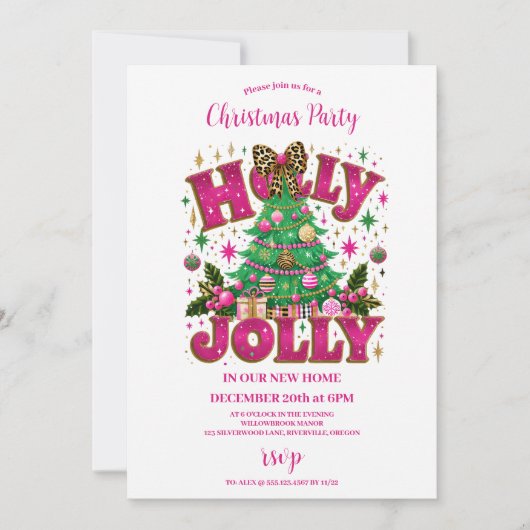 Invitation Célebration joyeuse de Holly avec un nœud léopard (Devant)