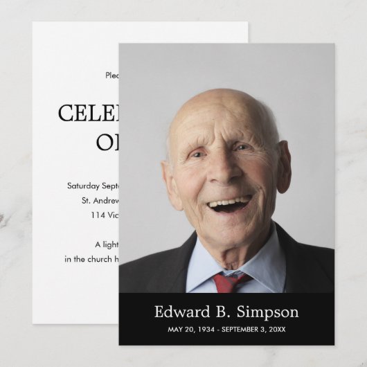 Invitation Célébration Noire Classique De La Vie Avec Photo (Devant / Derrière)