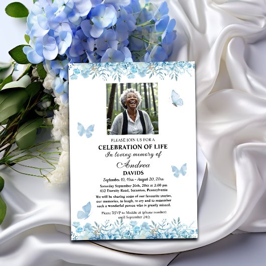 Invitation Celebration Of Life 1 Photo Funeral Blue Floral