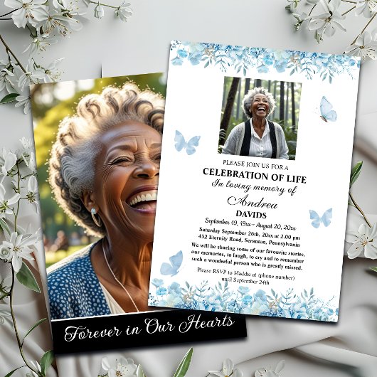 Invitation Celebration Of Life 2 Photos Funeral Blue Floral