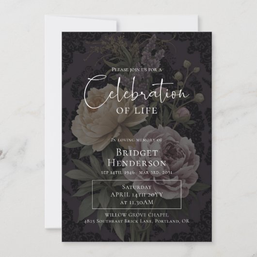 Invitation Celebration of Life Dark Moody Floral Funeral (Devant)