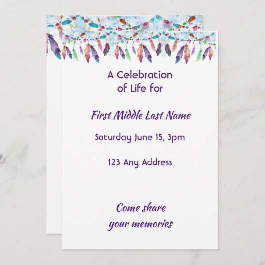 Invitation Celebration of Life Feathers Boho Tribal Native (Devant / Derrière)
