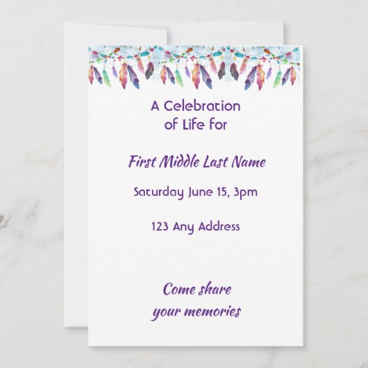 Invitation Celebration of Life Feathers Boho Tribal Native (Devant)