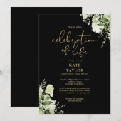 Invitation Celebration of Life Greenery Floral Black And Gold (Devant / Derrière)