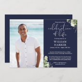 Invitation Celebration of Life Greenery Floral Funeral Photo (Devant / Derrière)