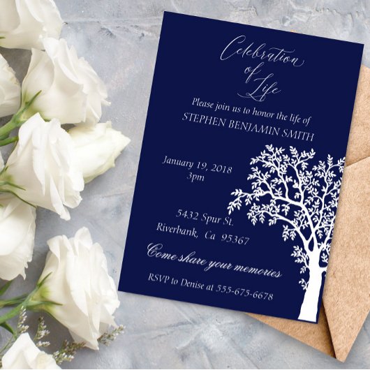 Invitation Celebration of Life Memorial Service Navy Tree