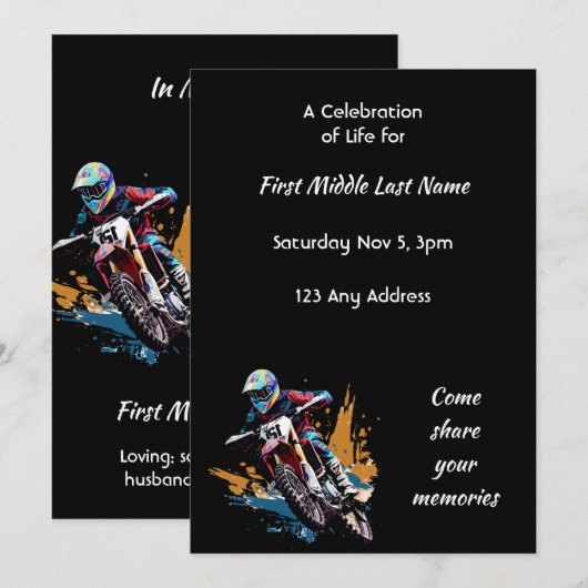 Invitation Celebration of Life Motocross Motorcycle Racing  (Devant / Derrière)