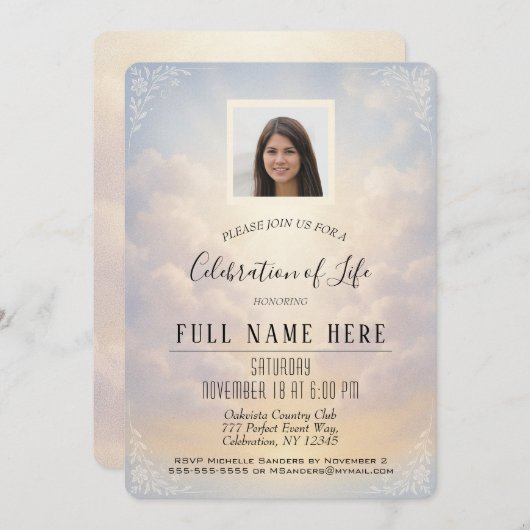 Invitation Celebration of Life - Peaceful Clouds (Devant / Derrière)