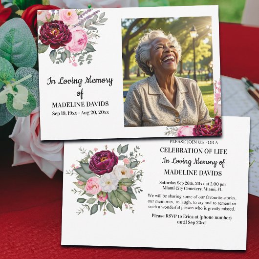 Invitation Celebration Of Life Peonies Photo Funeral