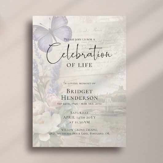 Invitation Celebration of Life Purple Butterfly Peony Funeral