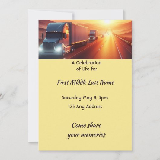 Invitation Celebration of Life  Semi-Truck Tractor-trailer  (Devant)