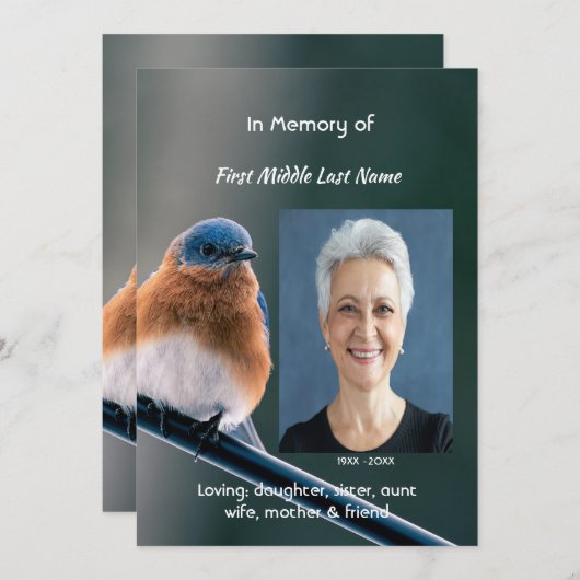 Invitation Celebration of Life Service Bluebird Garden Bird (Devant / Derrière)