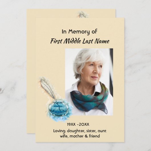 Invitation Celebration of Life Service Invite Feather Pen art (Devant / Derrière)