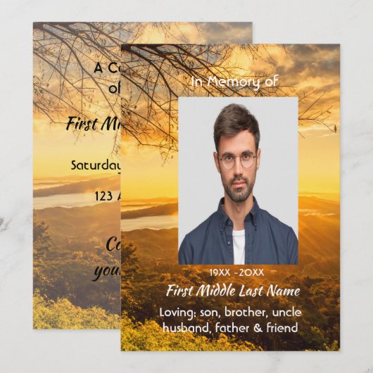 Invitation Celebration of Life Service Invite Golden Sunrise  (Devant / Derrière)