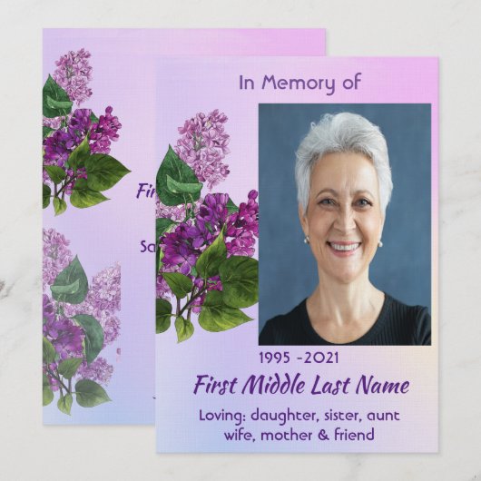 Invitation Celebration of Life Service  Lilac Garden Flower  (Devant / Derrière)