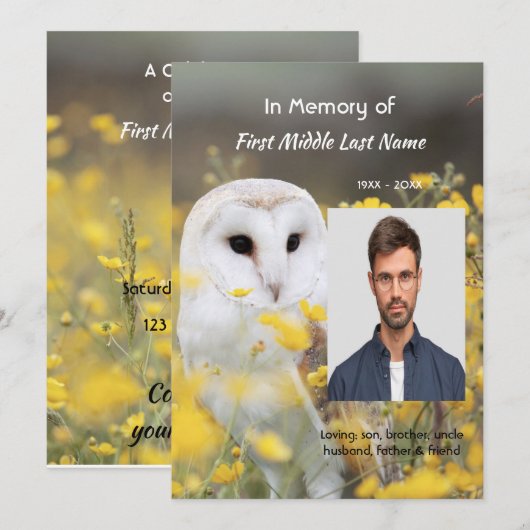 Invitation Celebration of Life Service Photo Barn Owl Bird  (Devant / Derrière)