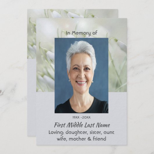 Invitation Celebration of Life Service Snowdrop Flowers (Devant / Derrière)