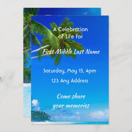 Invitation Celebration of Life Service Tropical Beach Exotic (Devant / Derrière)