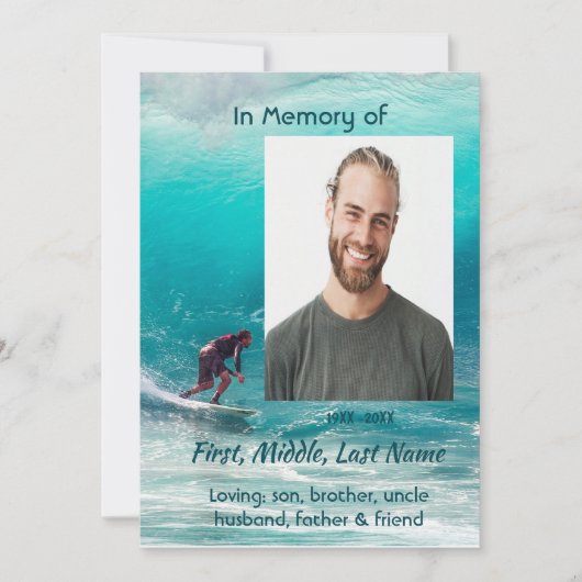 Invitation Celebration of Life Service  Wave Surfer Water (Devant)