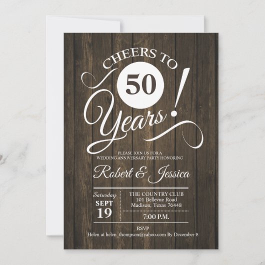 Invitation Célébration rustique de 50 ans de mariage avec mot (Devant)