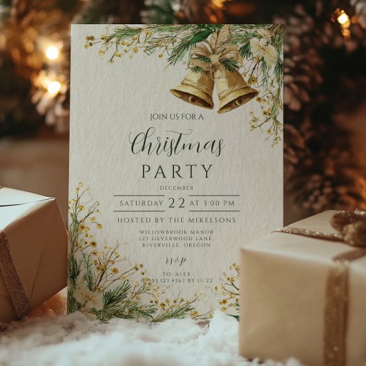 Invitation Célébration rustique de Noël aux cloches dorées