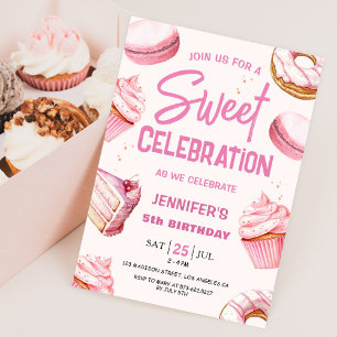 Invitation Célébration Sucrée Gâteau Rose Fille 5ème Annivers