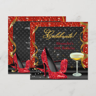 Invitation Célébrer Fête d'anniversaire Paillettes Rouge Or N