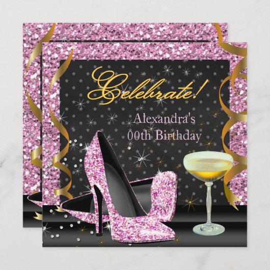 Invitation Célébrer la Parties scintillant rose or noir anni (Devant / Derrière)