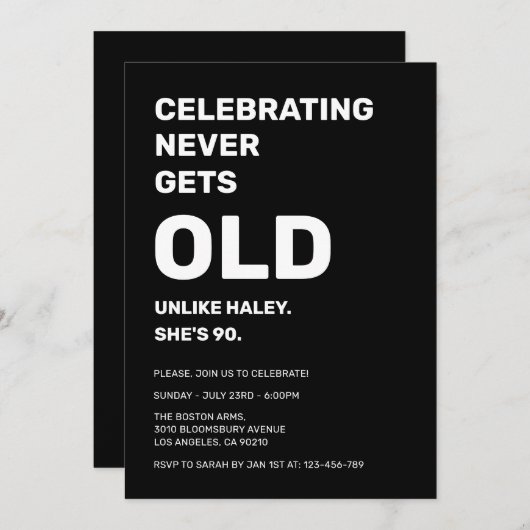 Invitation Célébrer ne devient jamais vieux drôle 90e anniver (Devant / Derrière)