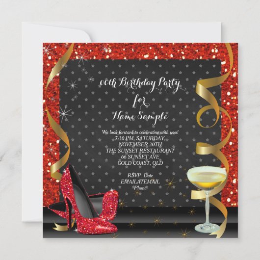 Invitation Célébrer Red Gold Black Parties scintillant fête d (Dos)