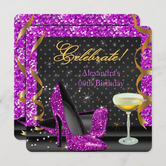 Invitation Célébrer rose violet Parties scintillant noire fêt (Devant / Derrière)