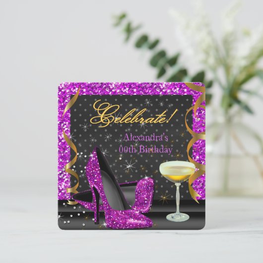 Invitation Célébrer rose violet Parties scintillant noire fêt (Debout devant)