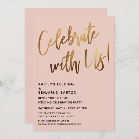 Invitation Célébrez avec nous ! Blush minimal écriture dorée (Devant / Derrière)